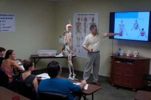 Sean pointing to abdominals muscles in Anatomy class at medical massage therapy class